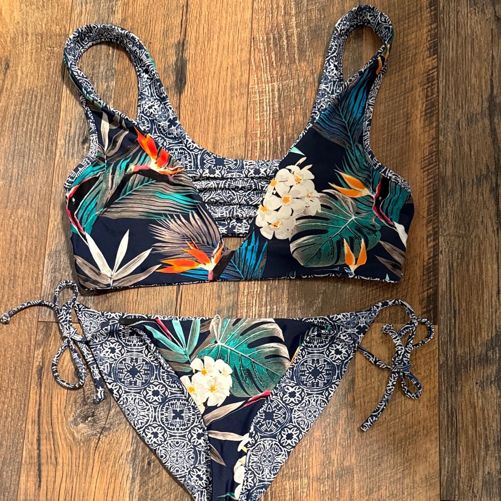 Body Glove Navy and Multicolor Floral Reversible Bikini